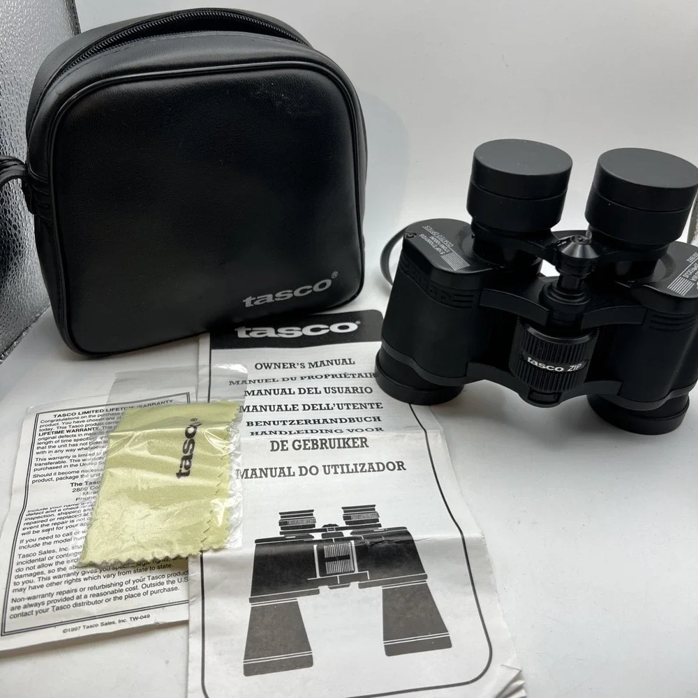 Vintage Tasco 7x35mm Zip Focus Binoculars - Complete Set with Case & Manual